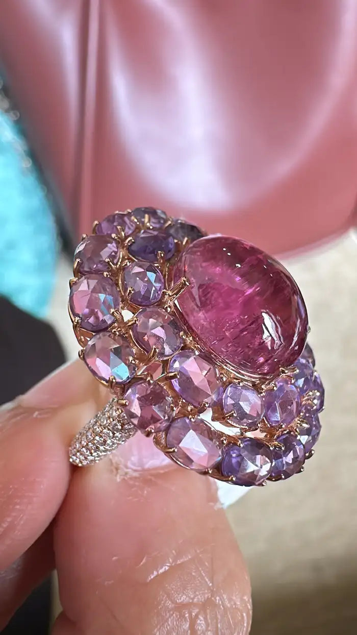 18K Gold, 8.13 carats, Tourmaline, Multi Sapphire & Diamond Cocktail Ring