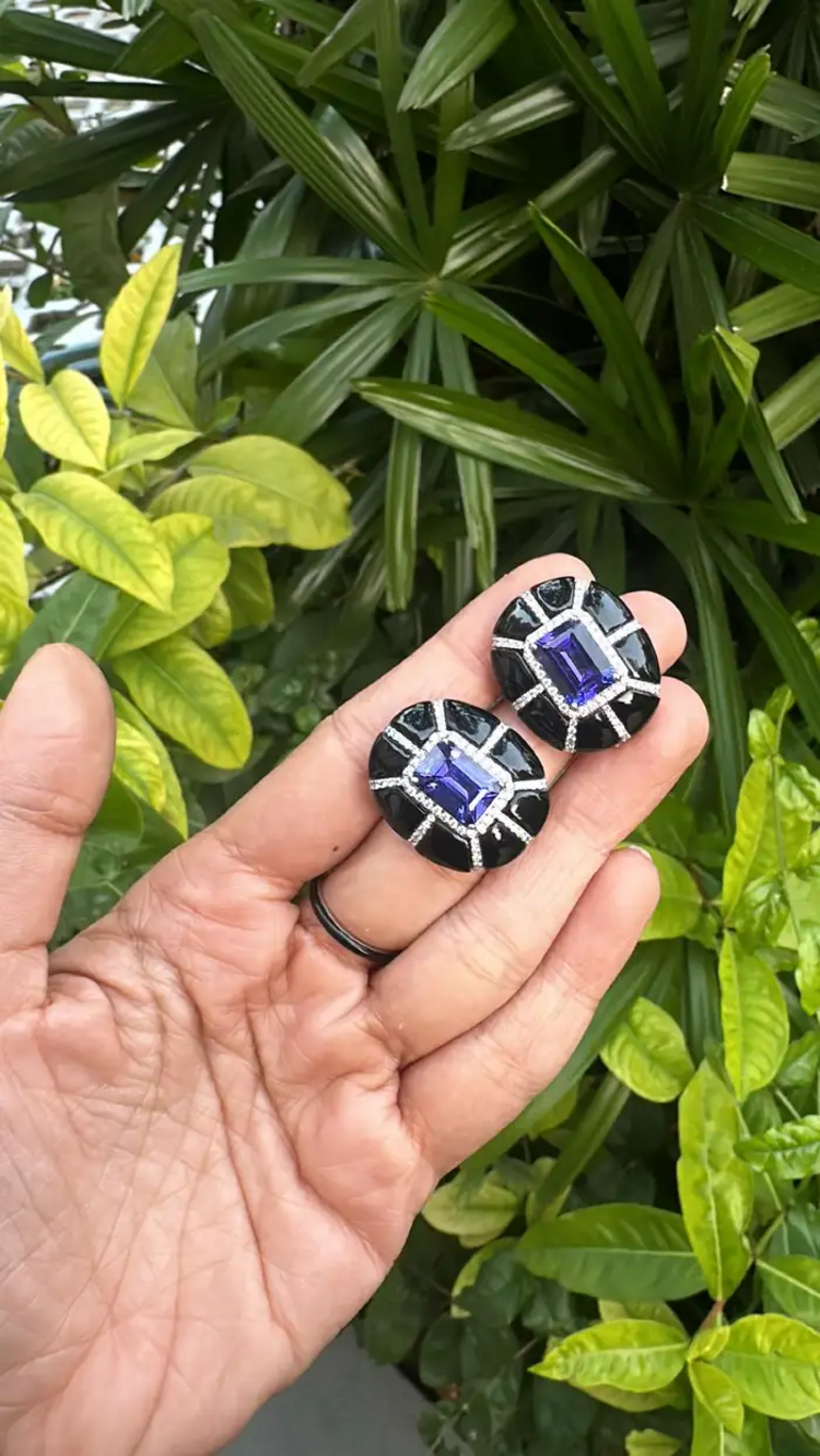 9.24 Ct. Natural Tanzanite Stud Earrings - 18k White Gold Handmade Earrings - Gold Diamond Women Earrings - Black Onyx Earrings