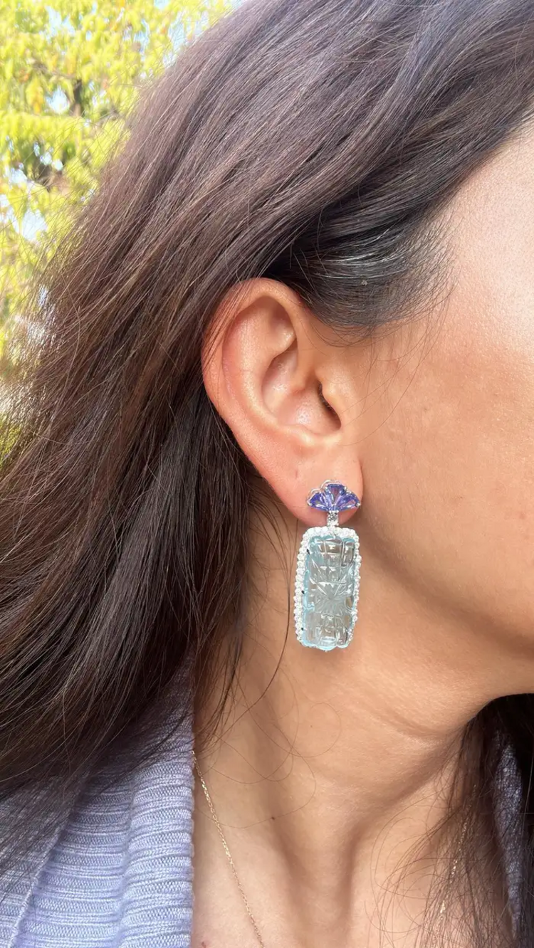 41.37 Ct. Carved Aquamarine Dangle Earrings - 18k White Gold Handmade Earrings - Trillion Cut Tanzanite Earrings