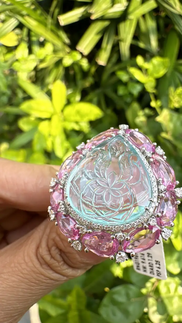 Carved Aquamarine & Pink Sapphire Gemstone Handmade Ring - Solid 18k White Gold Diamond Statement Ring