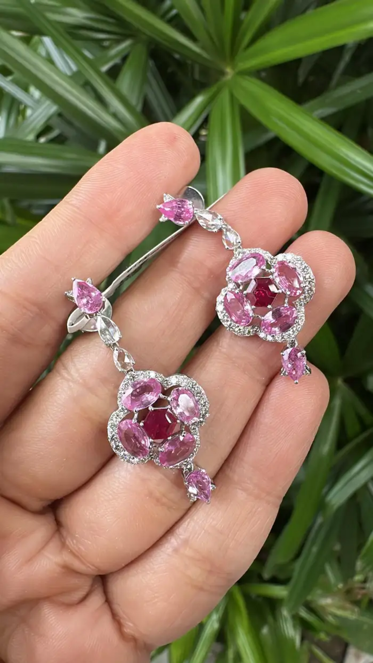 Ceylon Pink Sapphire & Ruby Gemstone Earrings - 18k White Gold & Rose Cut Diamond Dangle Earrings