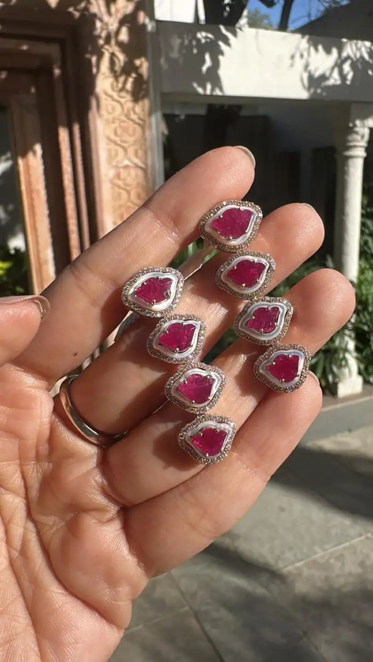 Tulip cut Mozambique Ruby & Mother Of Pearl Necklace Earrings Set - 18k Rose Gold Diamond Necklace Earrings