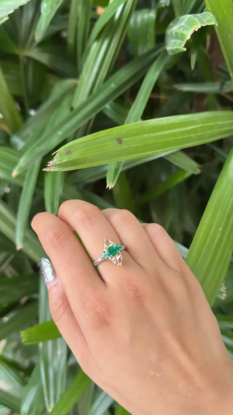 Natural Zambian Emerald Engagement Ring - 18k White Gold & Yellow Diamond Ring