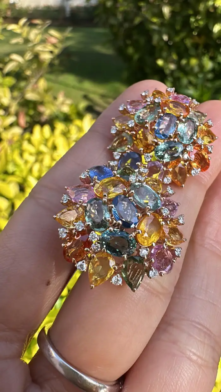 Ceylon Multi Sapphire & Diamond Stud Earrings - Handmade 18k Gold Diamond Women Earrings