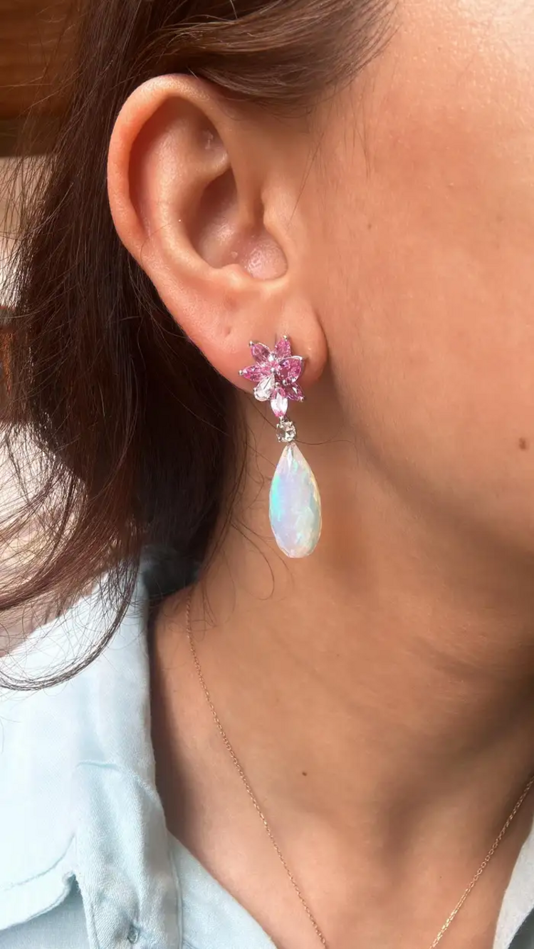 Natural Ethiopian Opal & Diamond Dangle Earrings - 18k White Gold Pink Sapphire Women Jewelry