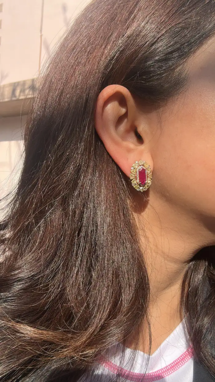 18k Rose Gold Yellow Diamond Stud Earrings - Natural Mozambique Ruby Tiny Earrings