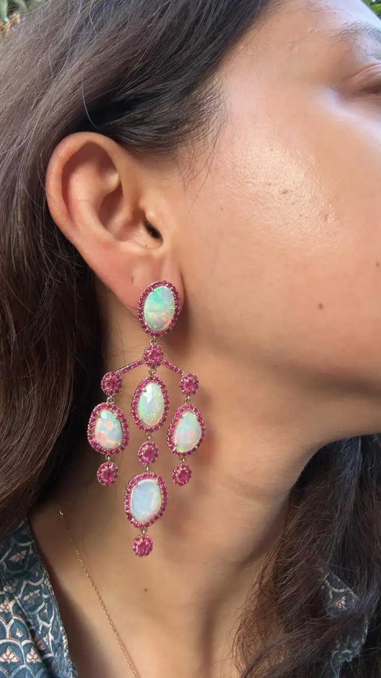Ethiopian Opal & Mozambique Ruby Chandelier Earrings - 18k Gold Diamond Dangle Earrings