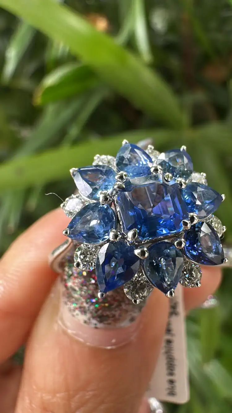 Natural Blue Sapphire Diamond Cocktail Ring - 18k White Gold Handmade Ring