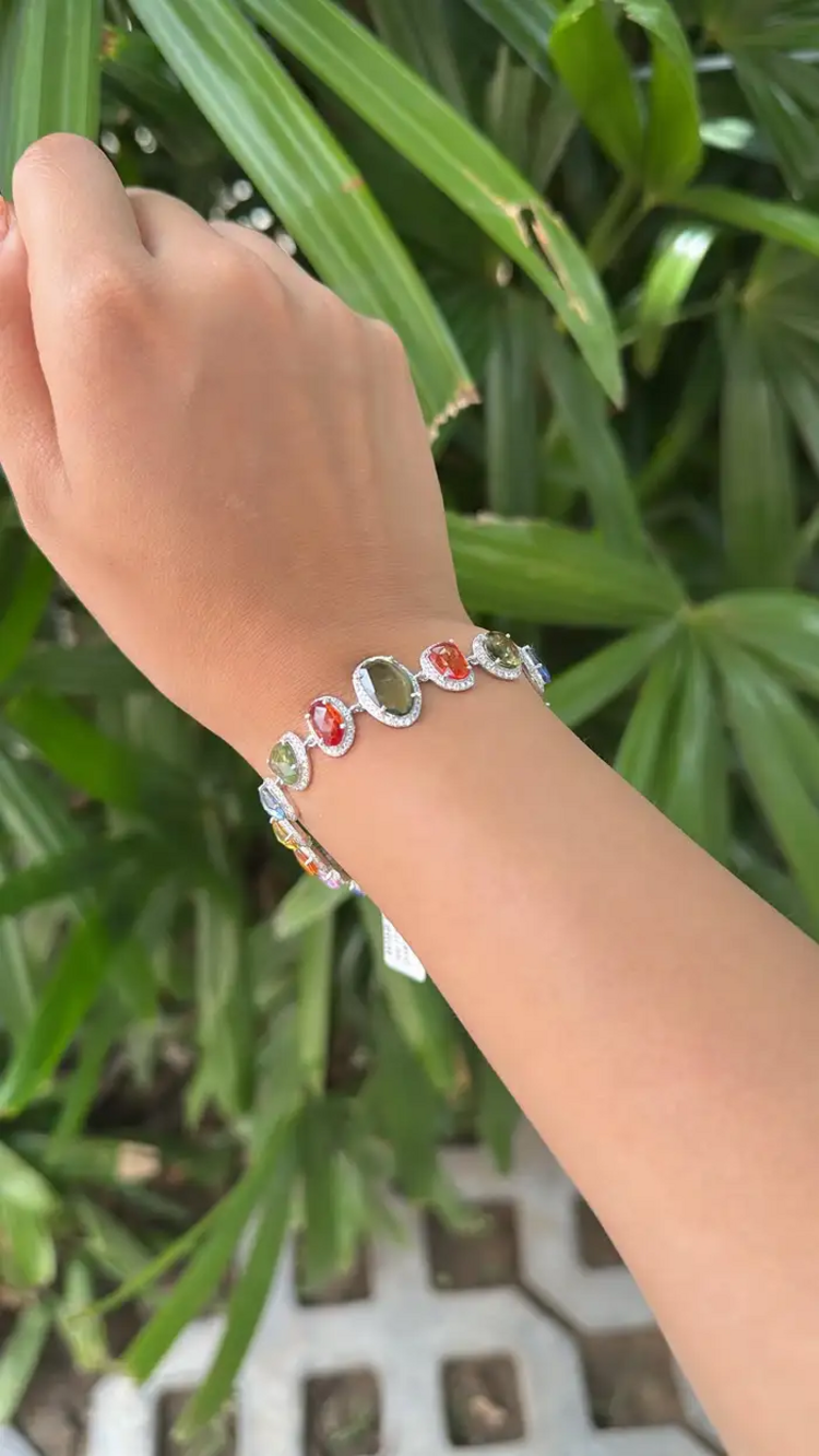Natural Multi Sapphire & Rose Cut Diamond Bracelet - 18k White Gold Handmade Bracelet