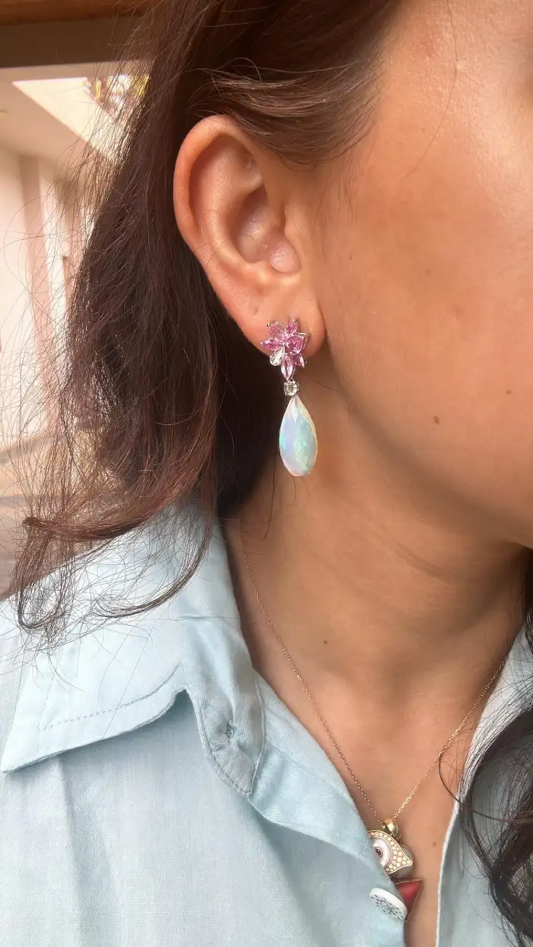 Natural Ethiopian Opal & Diamond Dangle Earrings - 18k White Gold Pink Sapphire Women Jewelry