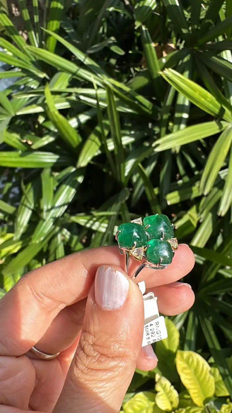 Natural Zambian Emerald Handmade Ring - 18k White Gold & Diamond Statement Ring
