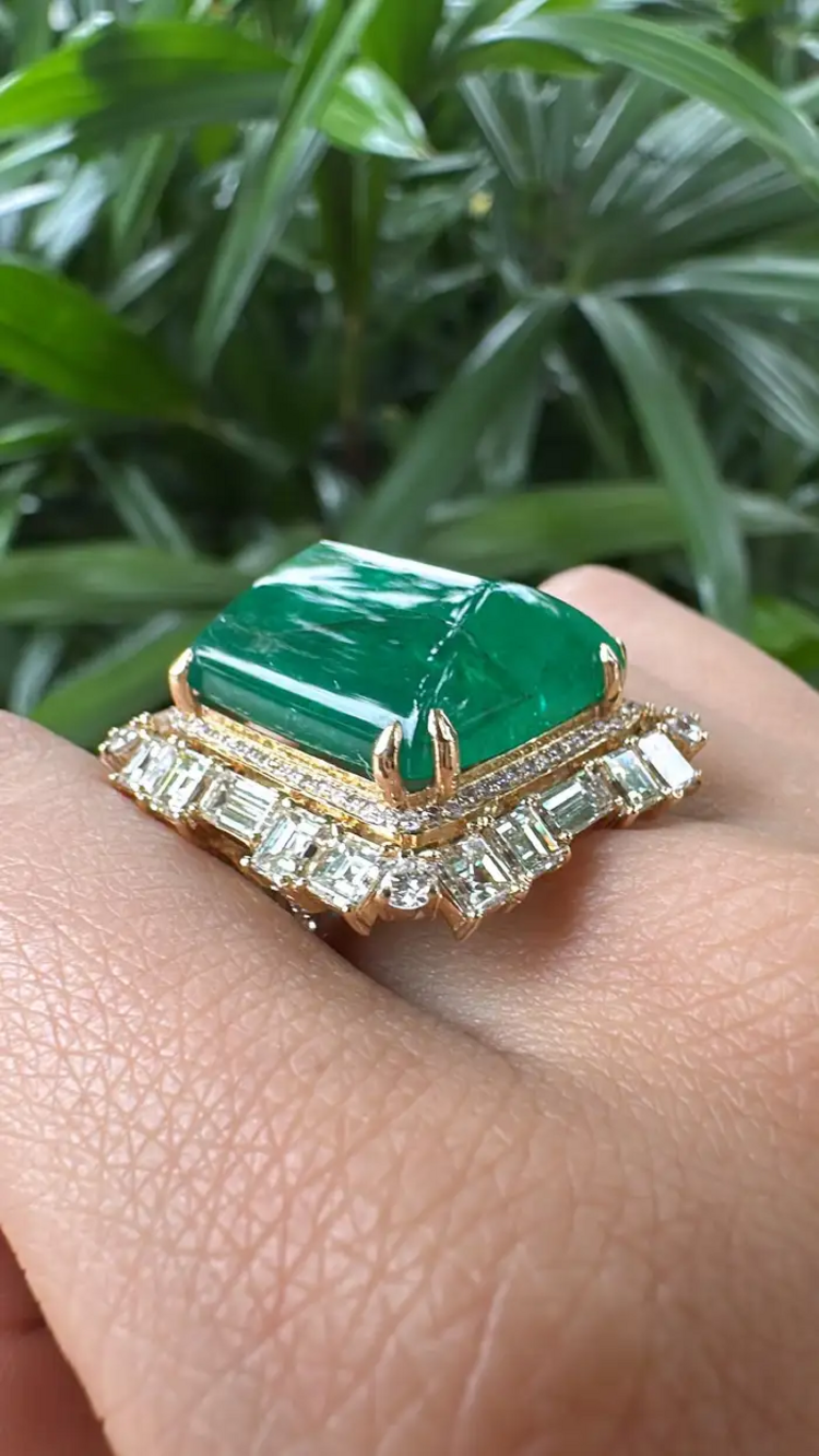 Natural 25.21 Ct. Zambian Emerald Statement Ring - 18k Yellow Gold Wedding Ring With Yellow Diamonds