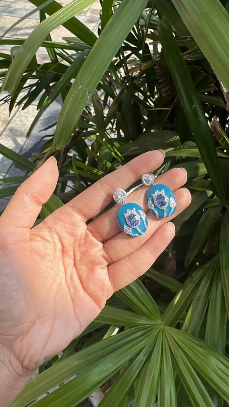 18k White Gold Rose Cut Diamond Handmade Dangle Earrings - Natural Blue Sapphire & Blue Enamel Earrings