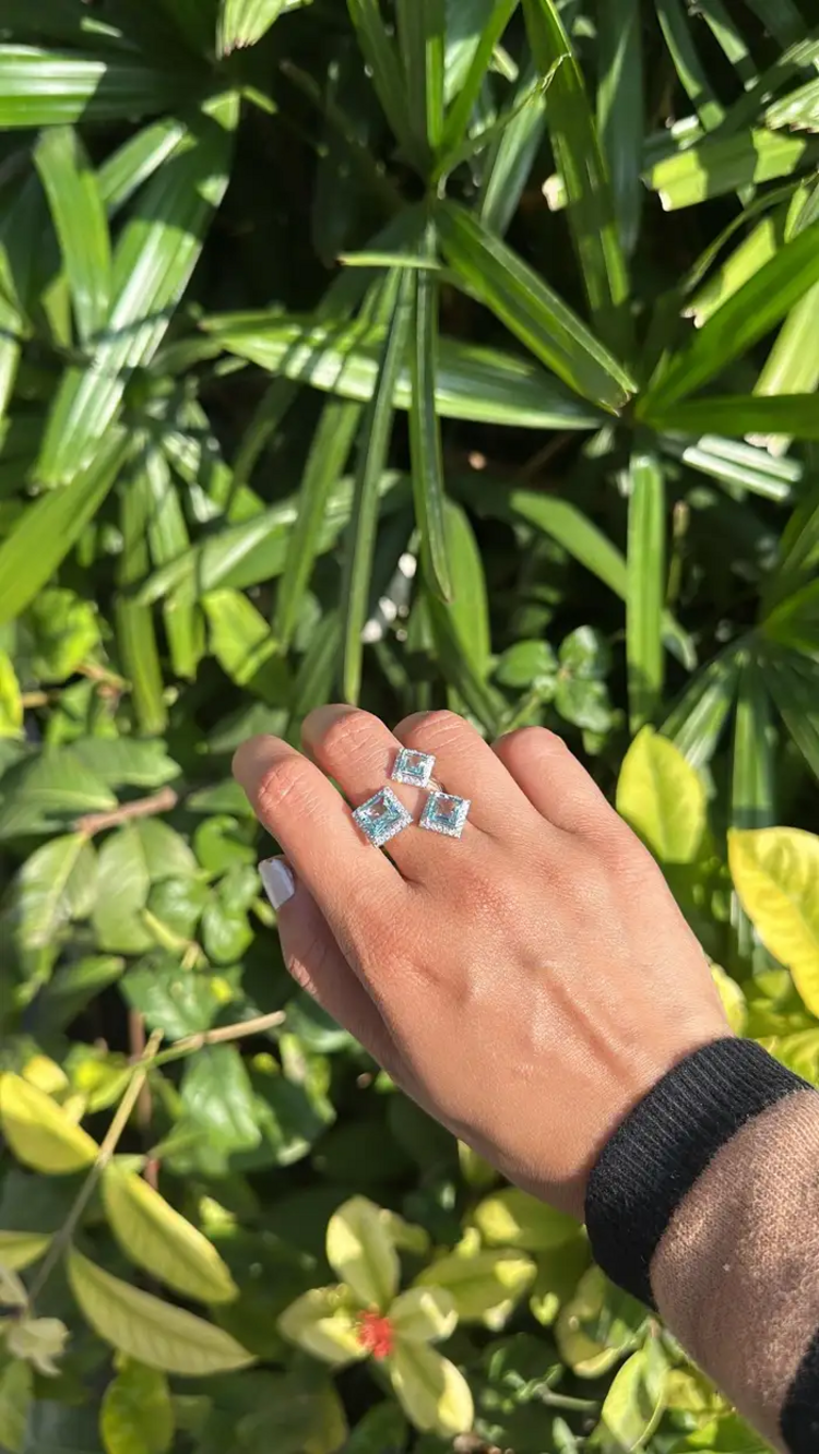 3.80 Ct. Aquamarine Gemstone Three Stone Cocktail Ring - 18k White Gold Diamond Ring