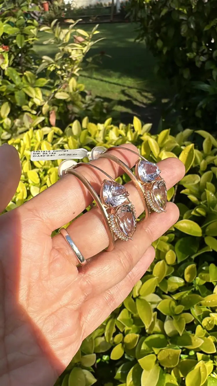 18k Yellow Matte Gold Hoop Earrings - Natural Morganite & Diamond Earrings