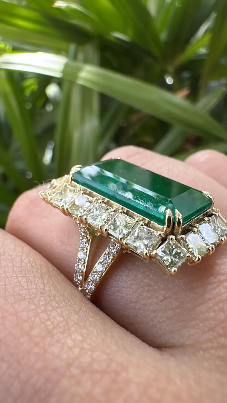 Natural Zambian Emerald Engagement Ring - 18k Yellow Gold & Yellow Diamond Beautiful Wedding Ring