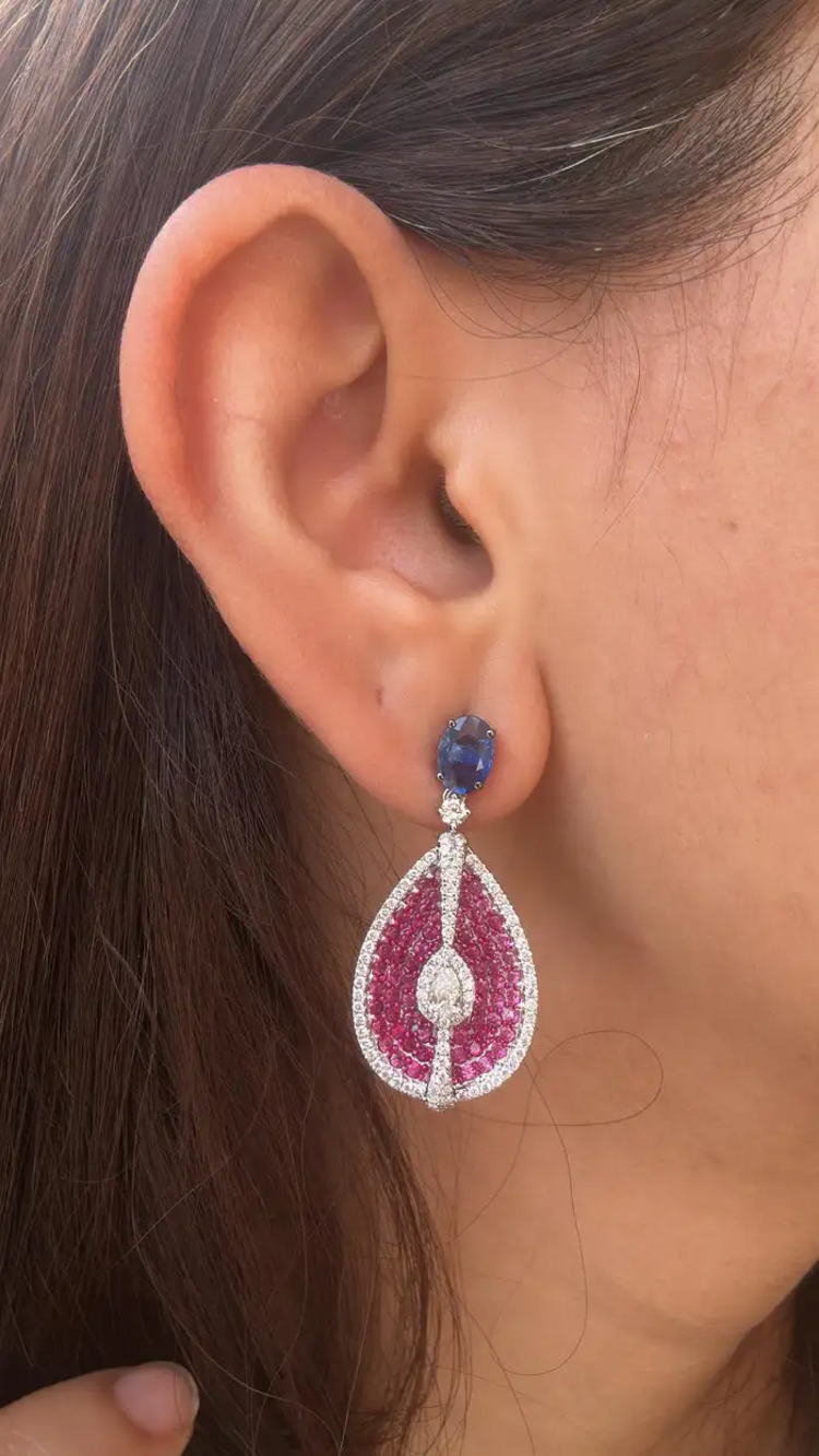Ceylon Pink & Blue Sapphire Dangle Earrings - 18k White Gold & Rose Cut Diamond Women Earrings