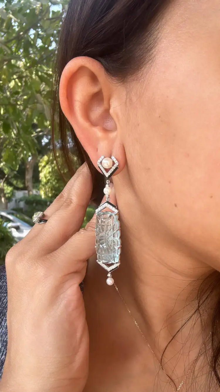 Handmade 18k White Gold Dangle Earrings - Natural Diamond & Carved Aquamarine Gemstone Earrings - Freshwater Pearl, Black Enamel Earrings