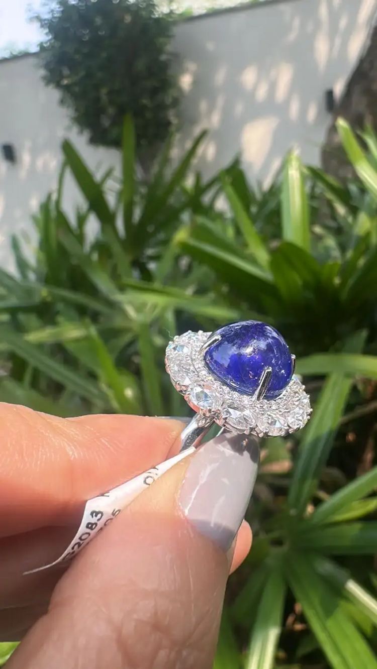 Natural Round Tanzanite & Rose Cut Diamond Cocktail Ring - 18k White Gold Anniversary Gift Ring