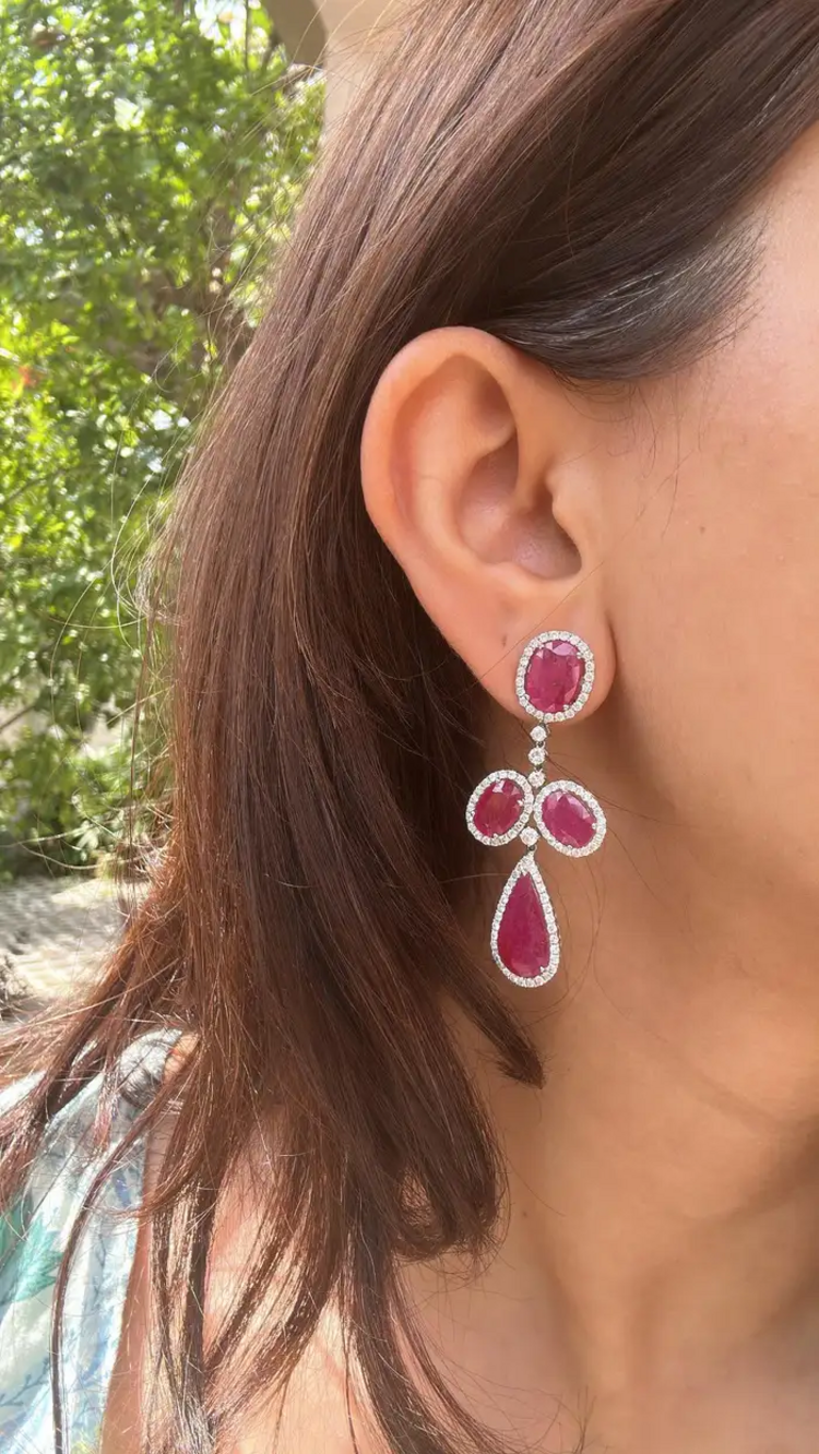 18k White Gold Diamond Dangle Earrings - Natural Mozambique Ruby Gemstone Wedding Earrings