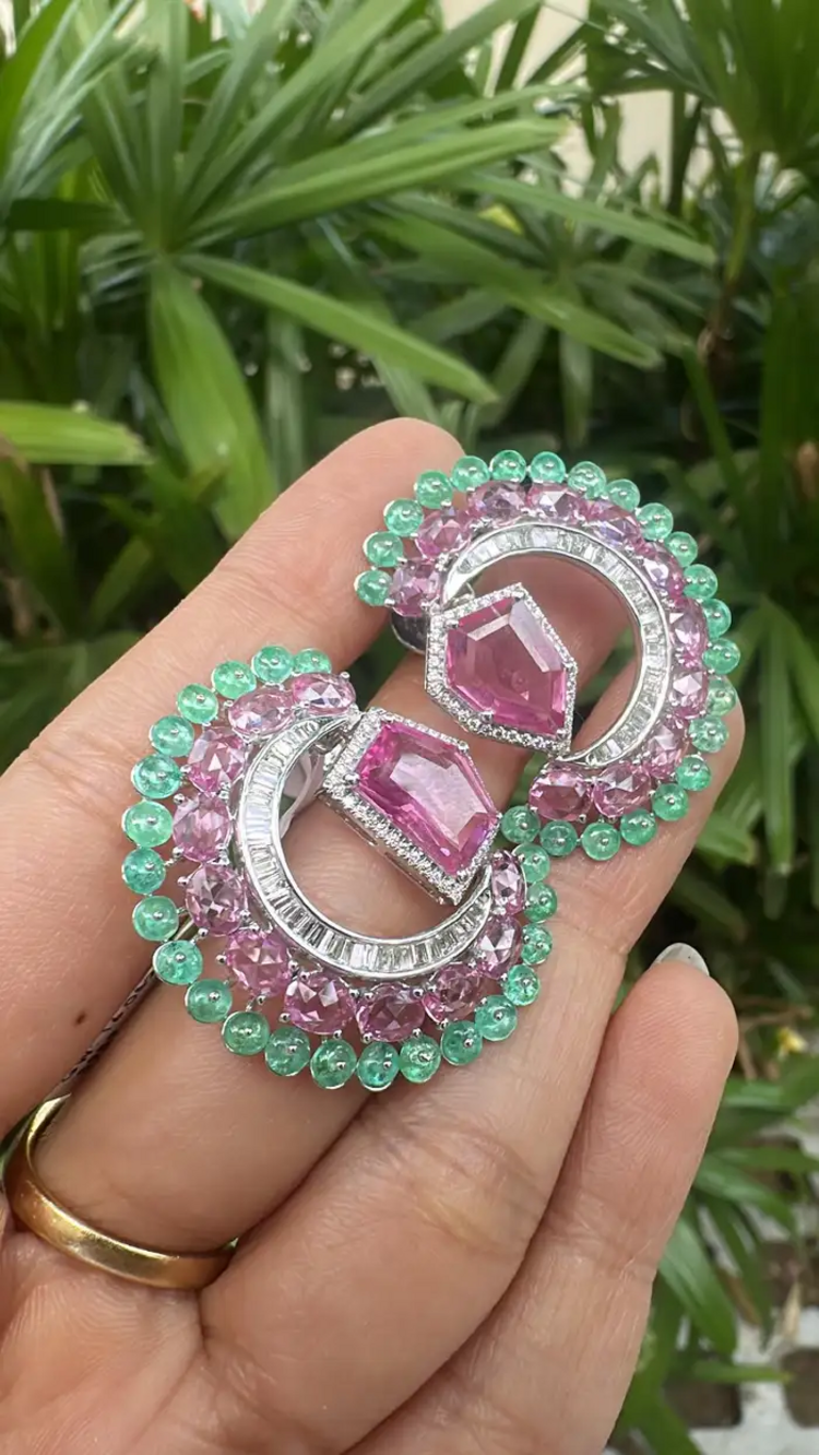 11.33 Ct. Pink Sapphire & Emerald Gemstone Stud Earrings - 18k White Gold Diamond Earrings