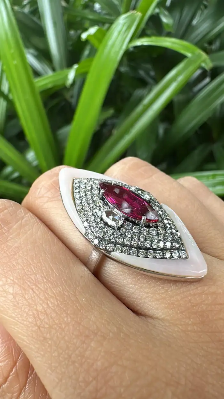 18k White Gold Diamond Handmade Ring - Natural Rubellite & Pink Opal Statement Ring