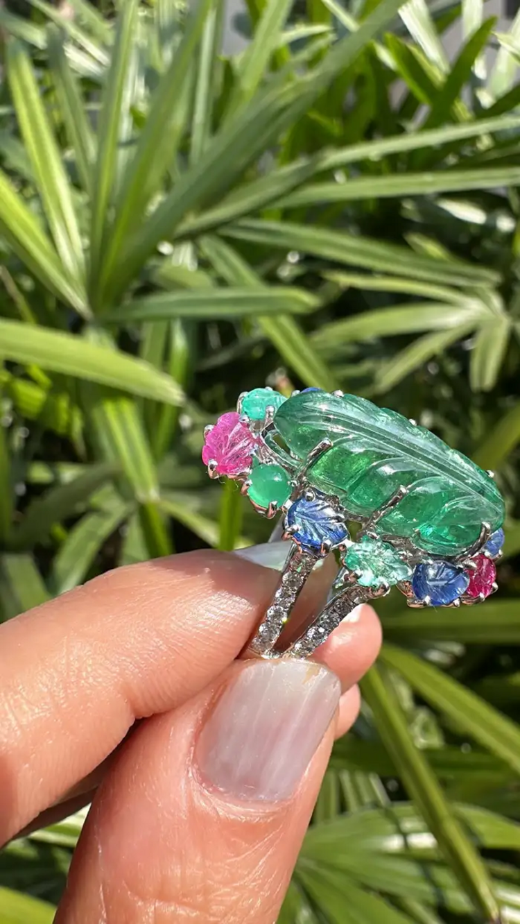 18k White Gold Handmade Cocktail Ring - Natural Emerald, Blue Sapphires, Ruby & Diamonds Cocktail Ring