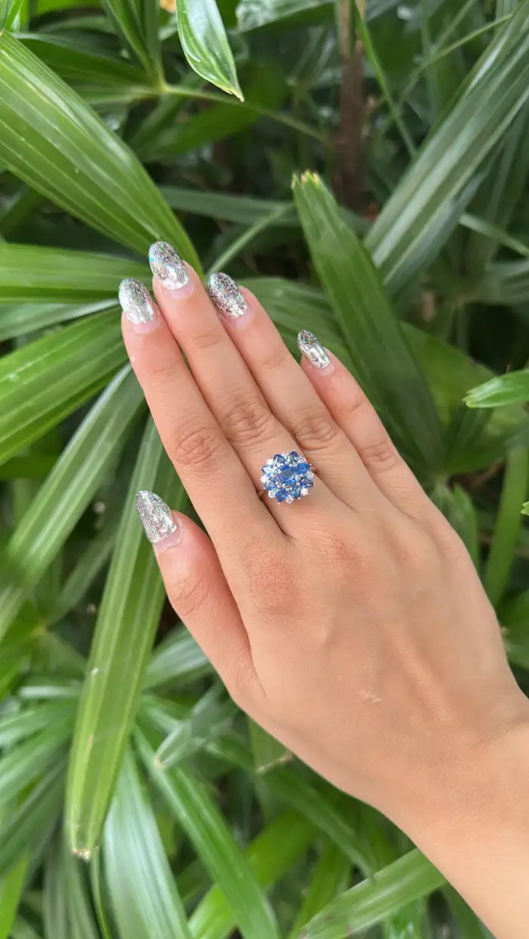 Natural Blue Sapphire Diamond Cocktail Ring - 18k White Gold Handmade Ring