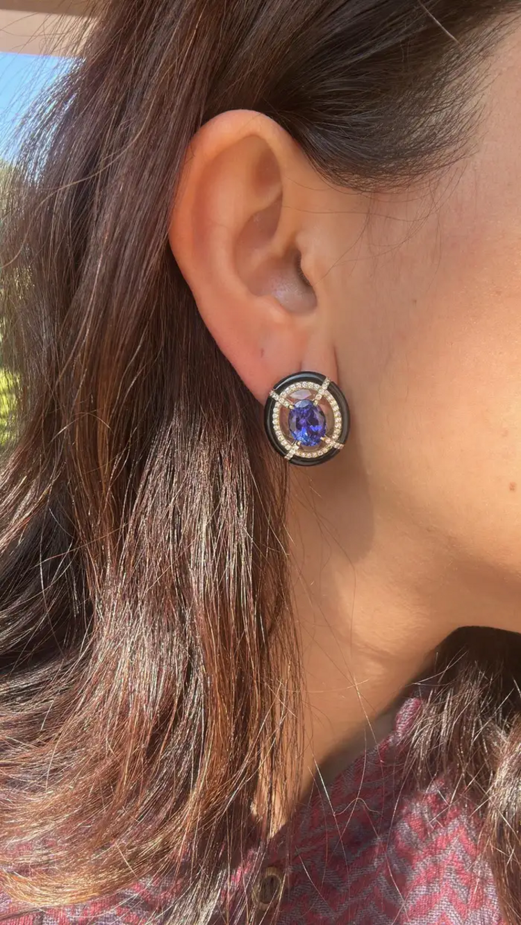 18k Gold Diamond & Tanzanite Gemstone Stud Earrings - Rock crystal & Black Onyx Earrings
