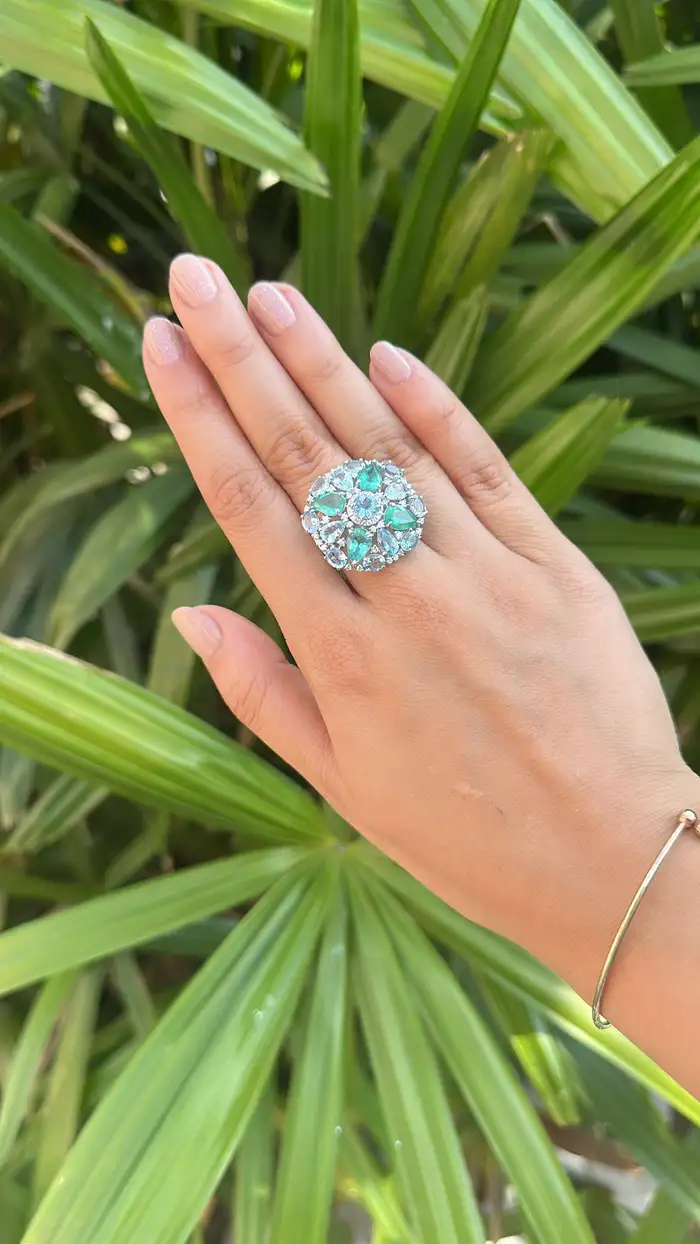 Colombian Emerald & Aquamarine Gemstone Statement Ring - 18k White Gold Diamond Cocktail Ring