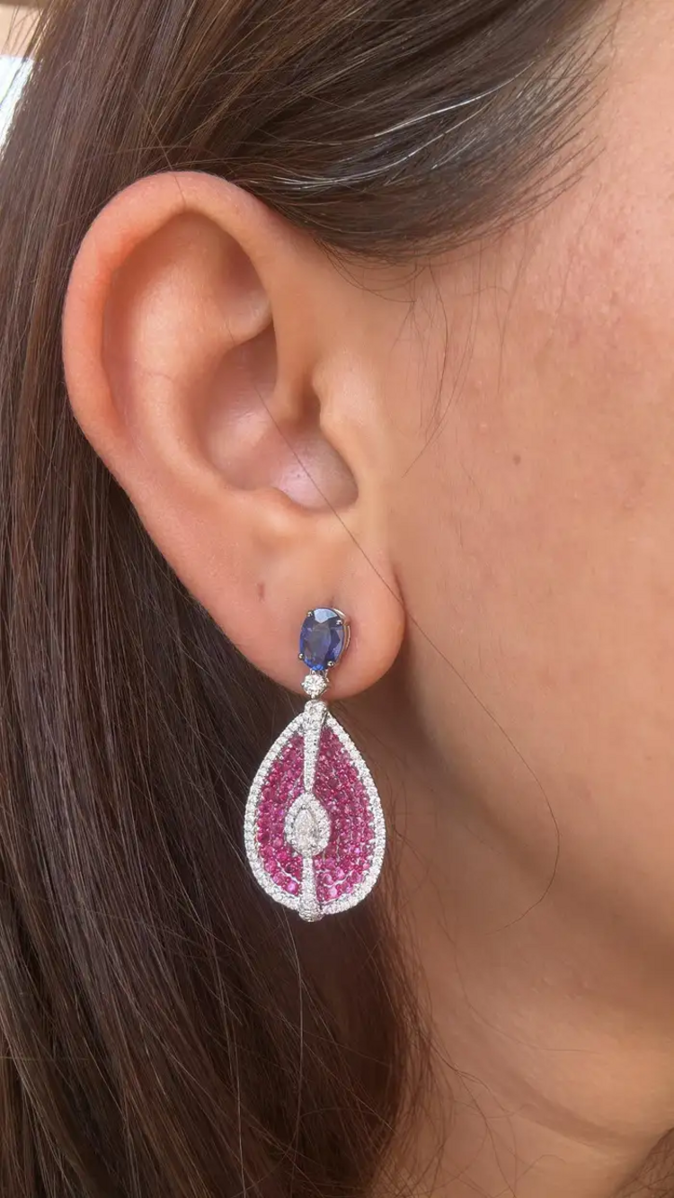 Ceylon Pink & Blue Sapphire Dangle Earrings - 18k White Gold & Rose Cut Diamond Women Earrings