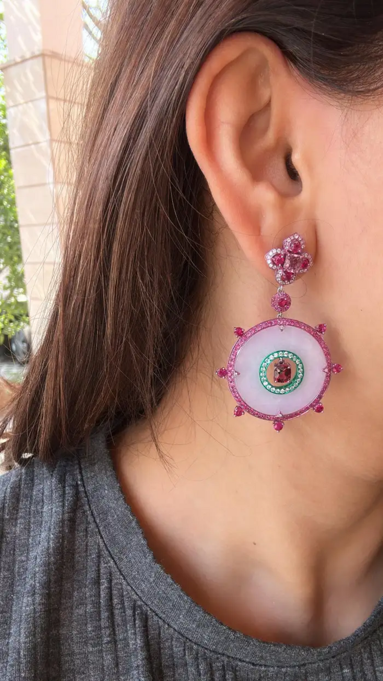 18k White Gold Handmade Diamond Dangle Earrings - Natural Spinel, Ruby, Pink Sapphires, Lavender Jade Earrings