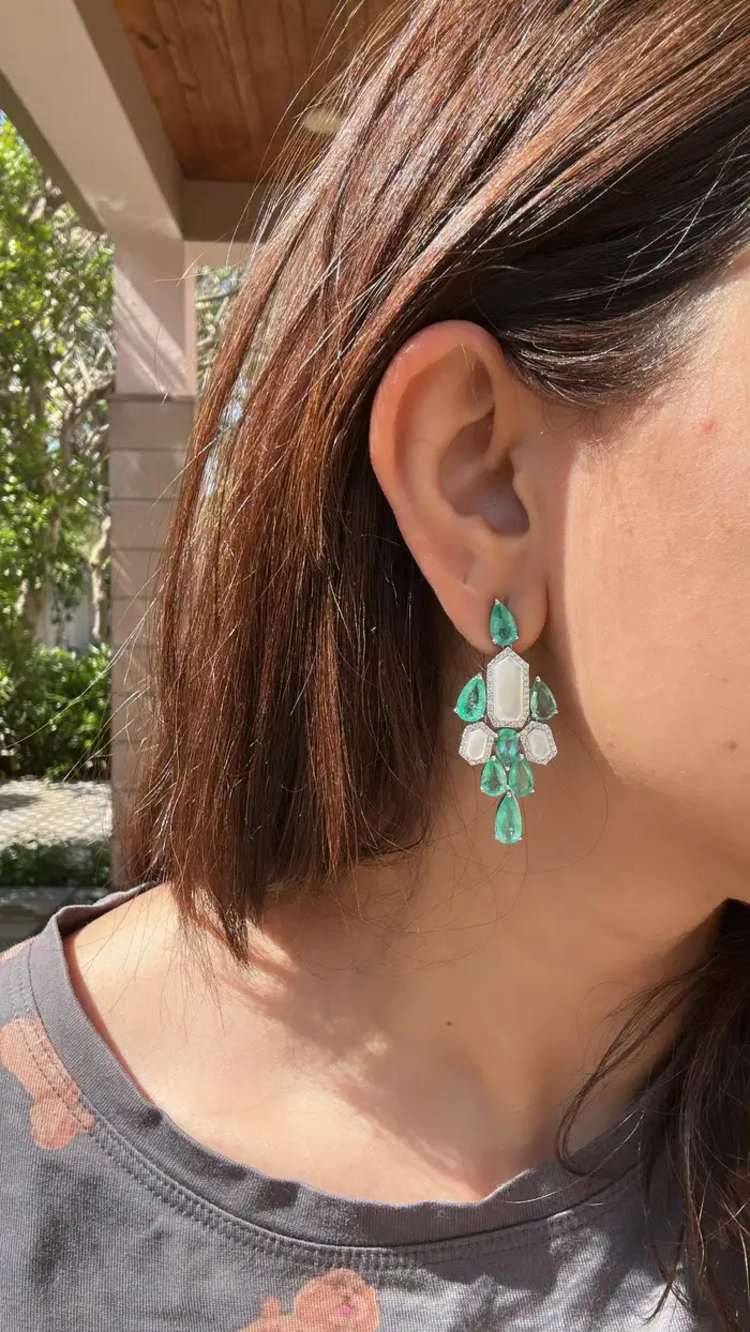 Natural Colombian Emerald & Pearl Chandelier Earrings - 18k White Gold Diamond Dangle Earrings