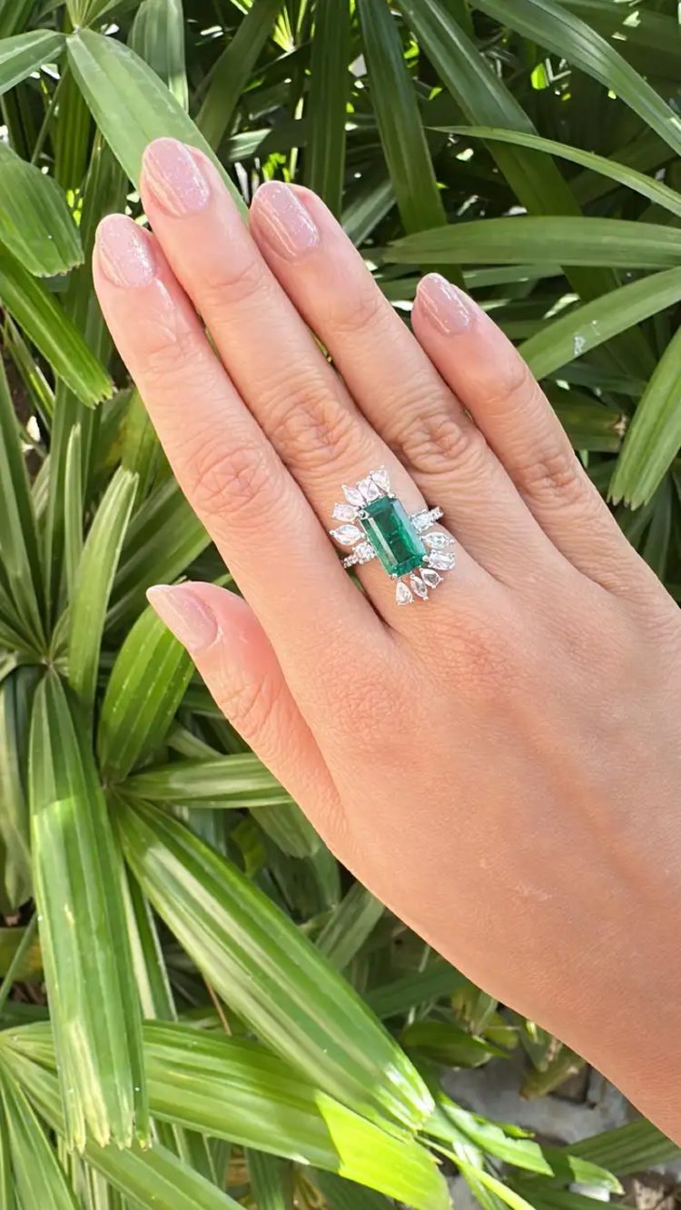18k White Gold 4.07 Ct. Zambian Emerald Ring - Natural Rose Cut Diamond Engagement Ring