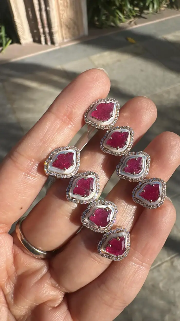 Tulip cut Mozambique Ruby & Mother Of Pearl Necklace Earrings Set - 18k Rose Gold Diamond Necklace Earrings
