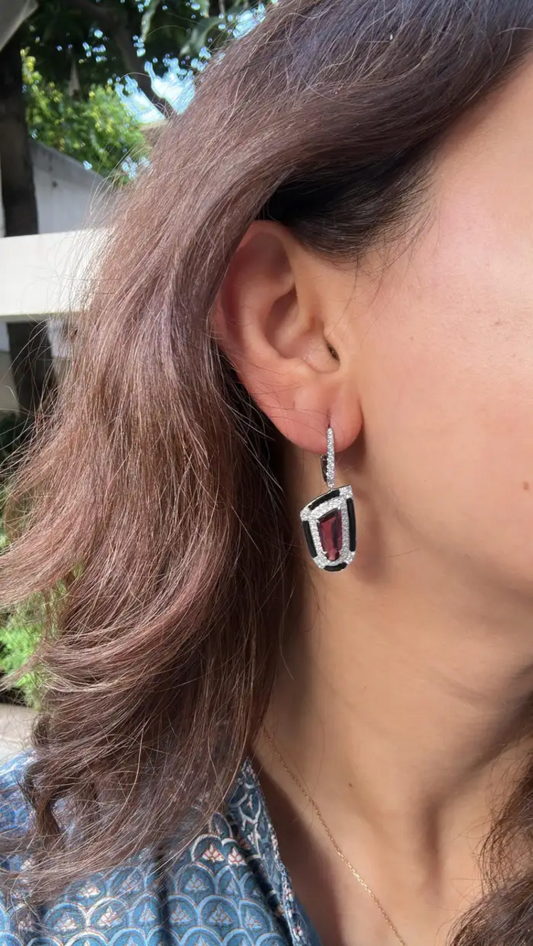 Natural Tourmaline & Black Enamel Earrings - 18k White Gold Diamond Dangle Earrings