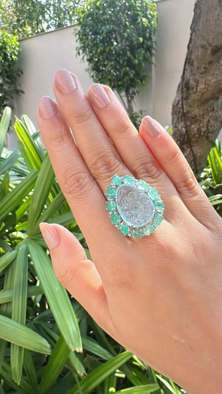Carved Aquamarine & Zambian Emerald Cocktail Ring - 18k White Gold Handmade Diamond Ring