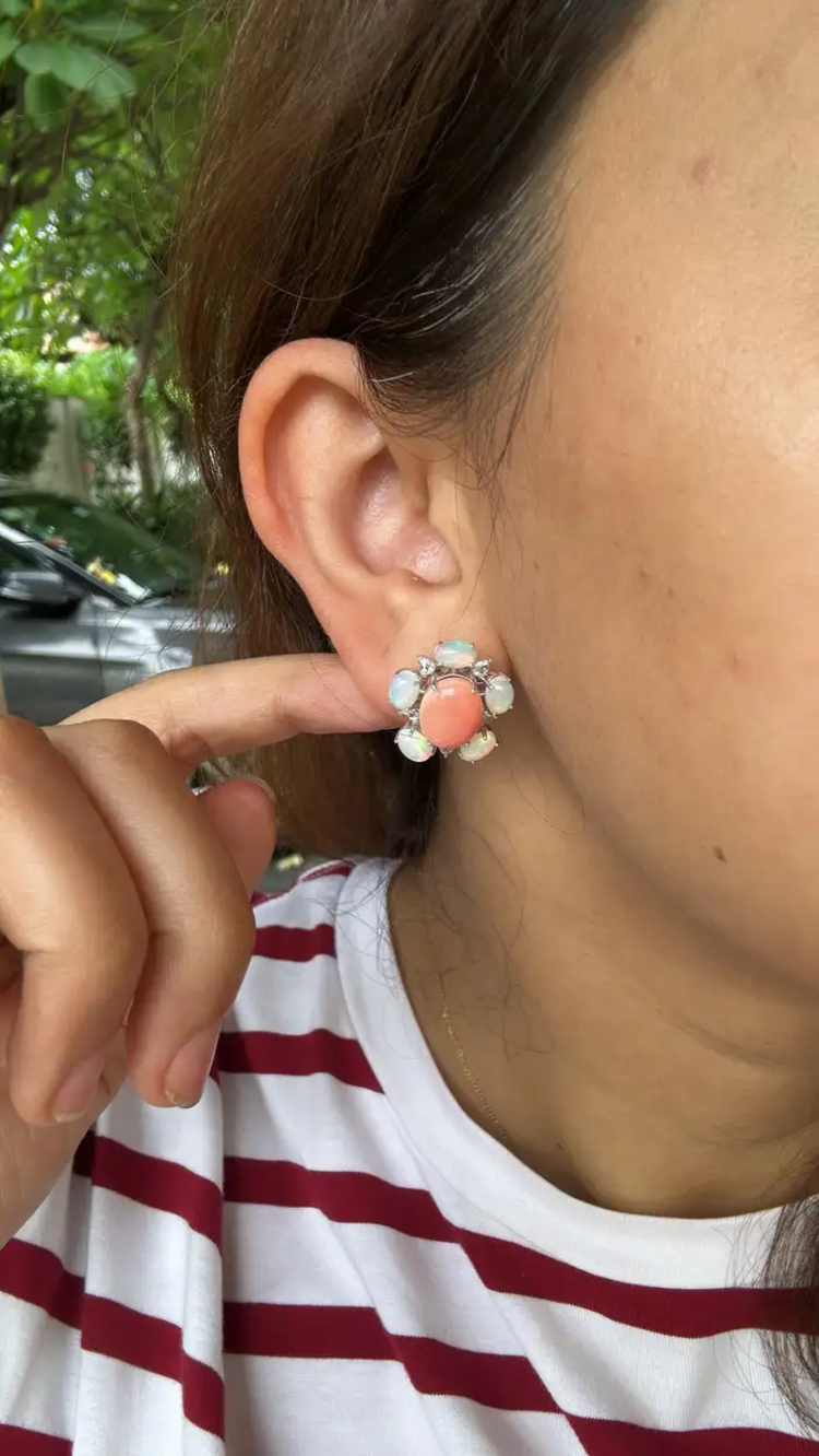 18k White Gold Rose Cut Diamond Stud Earrings - Natural Ethiopian Opal & Coral Earrings