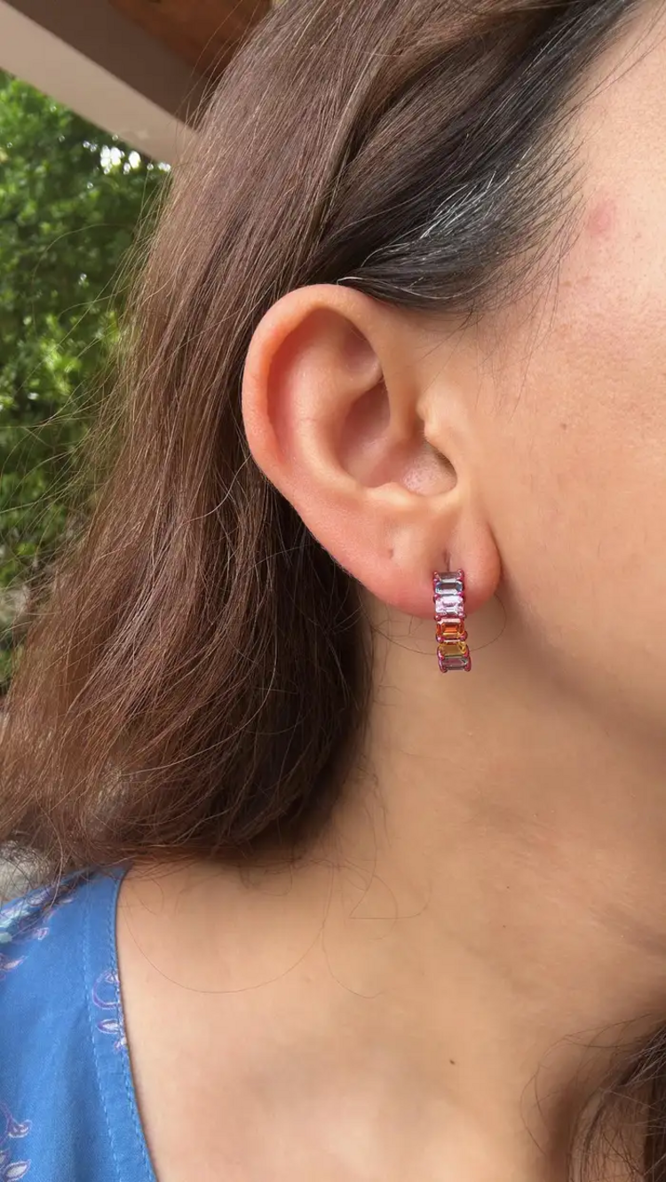 18k White Gold Half Hoop Earrings - Natural Ceylon Multi Sapphire Tiny Earrings