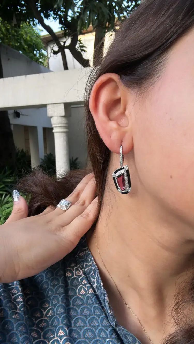 Natural Tourmaline & Black Enamel Earrings - 18k White Gold Diamond Dangle Earrings