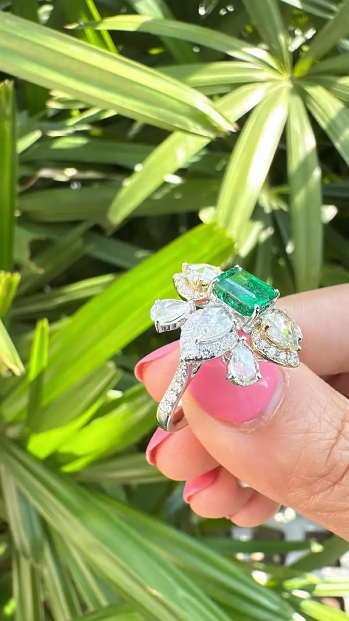 Natural Rose Cut Diamond Cocktail Ring - 18k White Gold Zambian Emerald Wedding Ring