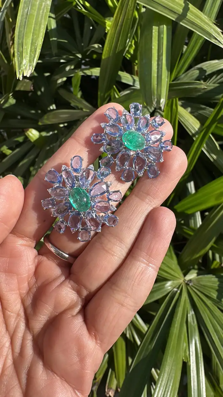 Natural Colombian Emerald & Blue Sapphire Floral Stud Earrings - 18k White Gold Diamond Earrings