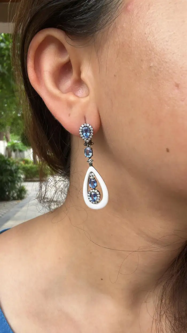 18k White Gold Diamond Dangle Earrings - Natural Blue Sapphire & Onyx Earrings