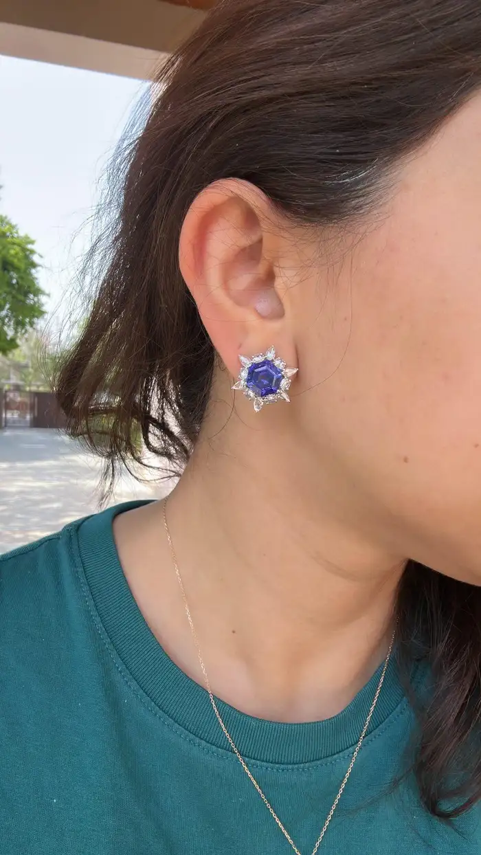 9.83 Ct. Natural Tanzanite Gemstone Minimalist Stud Earrings - 18k White Gold Rose Cut Diamonds Star Earrings - December Birthstone Earrings