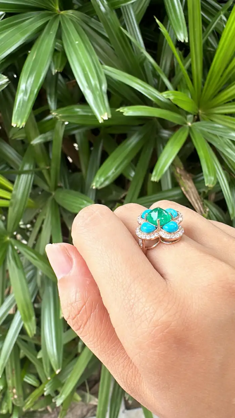 18k Rose Gold Diamond Handmade Ring With Natural Zambian Emerald & Turquoise