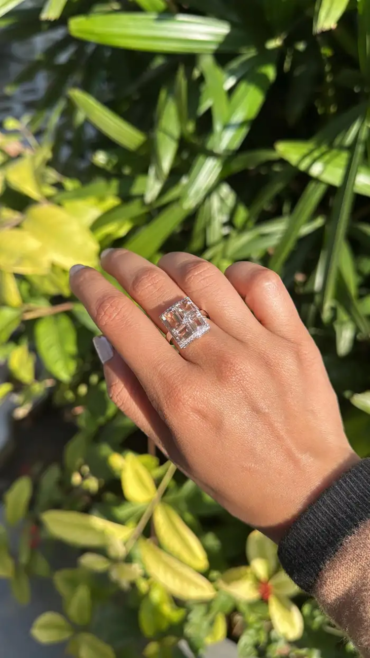 Natural Morganite Gemstone Cocktail Ring - 18k White Gold Handmade Ring With Rose Cut Diamond