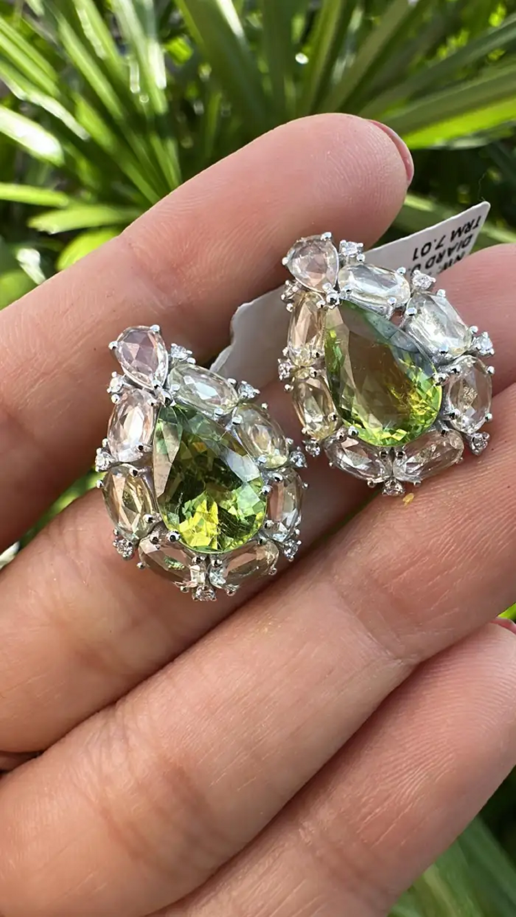 Natural Pear Shape Tourmaline & White Sapphire Stud Earrings - 18k White Gold Diamond Earrings