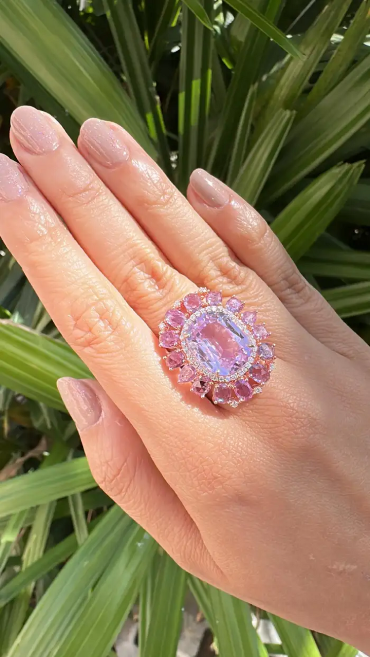 Natural Kunzite & Pink Sapphire Cocktail Wedding Ring - 18k Rose Gold Diamond Statement Ring