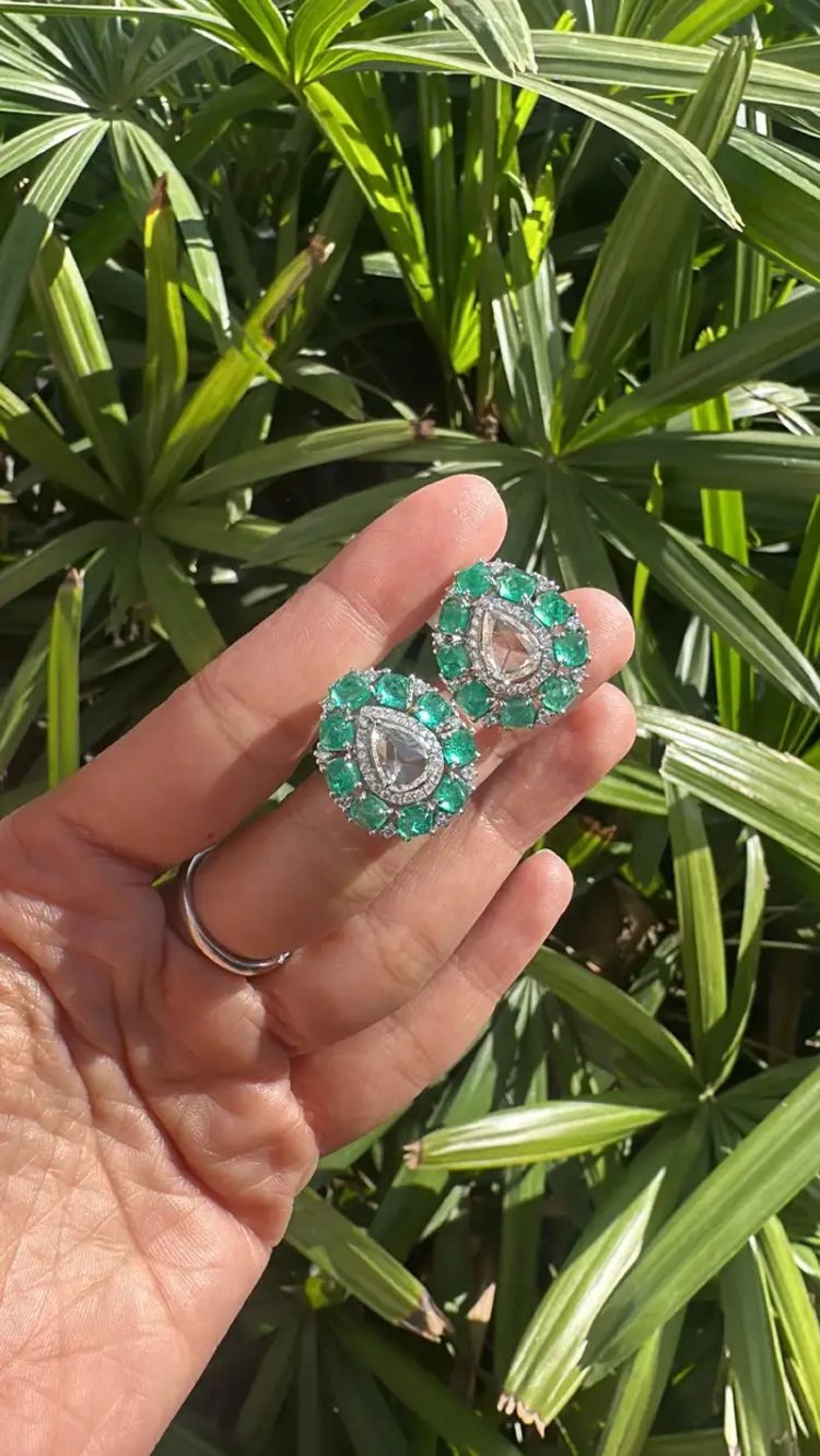 Colombian Emerald Sugarloaf & Rose Cut Diamond Stud Earrings - 18k White Gold Handmade Tiny Earrings