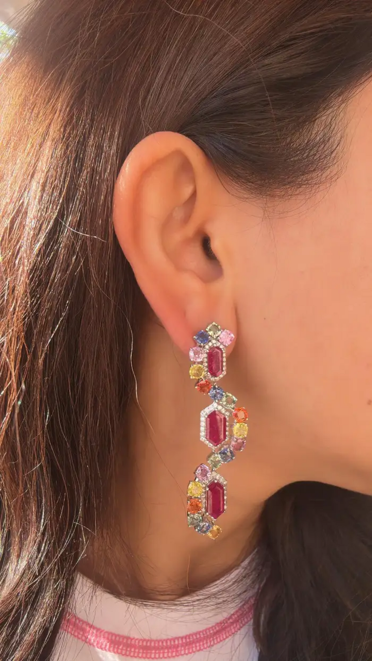 Natural Mozambique Ruby & Multi Sapphire Dangle Earrings - 18k White Gold Diamond Earrings